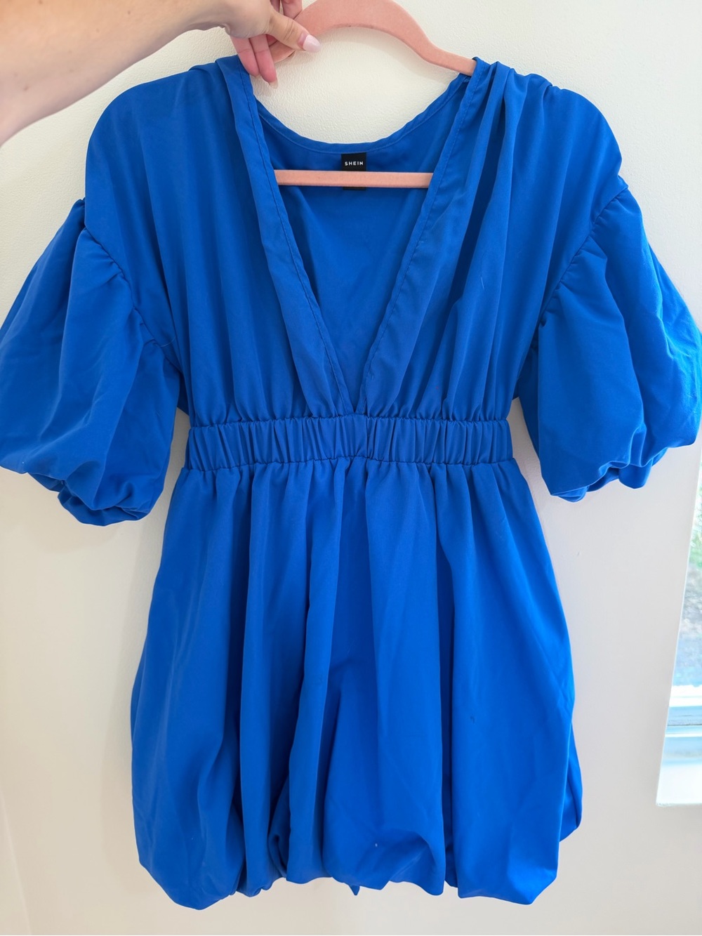Vibrant Blue V-Neck Puff Sleeve Dress